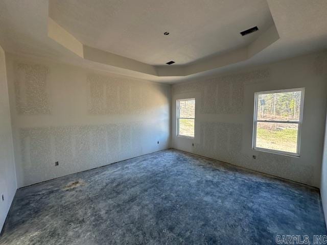 spare room featuring visible vents and a raised ceiling