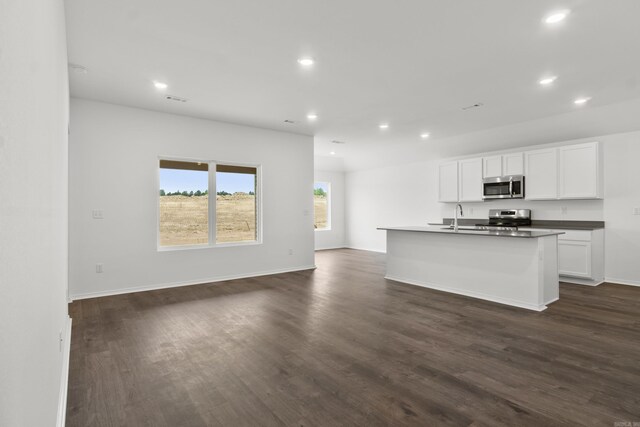 11089 River Valley Dr, Hensley, AR 72065 - kitchen with stainless steel appliances, recessed lighting, open floor plan, dark wood-type flooring, and dark countertops