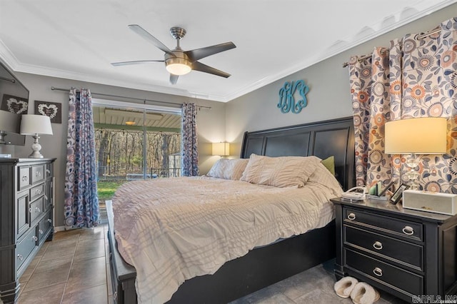tiled bedroom with a ceiling fan, ornamental molding, and access to exterior