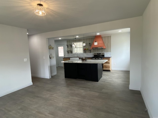 117 Circle Dr, Mount Ida, AR 71957 - kitchen featuring dark wood-type flooring, stainless steel gas stove, baseboards, a kitchen island, and custom exhaust hood