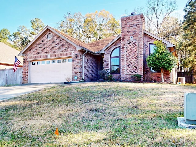 view of front of home featuring driveway, a chimney, a garage, and fence