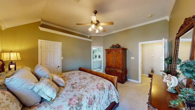 bedroom with baseboards, ensuite bath, light colored carpet, ceiling fan, and ornamental molding