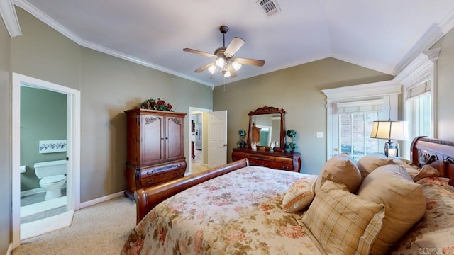 bedroom with lofted ceiling, ornamental molding, visible vents, and light colored carpet