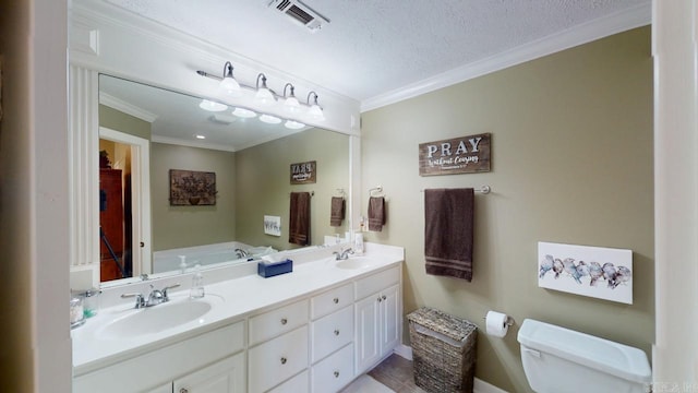 full bathroom featuring toilet, a sink, ornamental molding, and visible vents