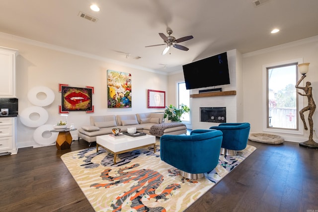 18 Ensbury Pl, Little Rock, AR 72223 - living room with dark wood-style floors, a ceiling fan, visible vents, and crown molding