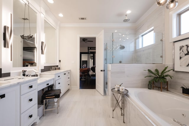 18 Ensbury Pl, Little Rock, AR 72223 - bathroom with visible vents, a shower stall, connected bathroom, vanity, and a whirlpool tub