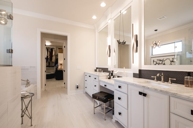 18 Ensbury Pl, Little Rock, AR 72223 - bathroom featuring crown molding, a sink, a stall shower, visible vents, and two vanities