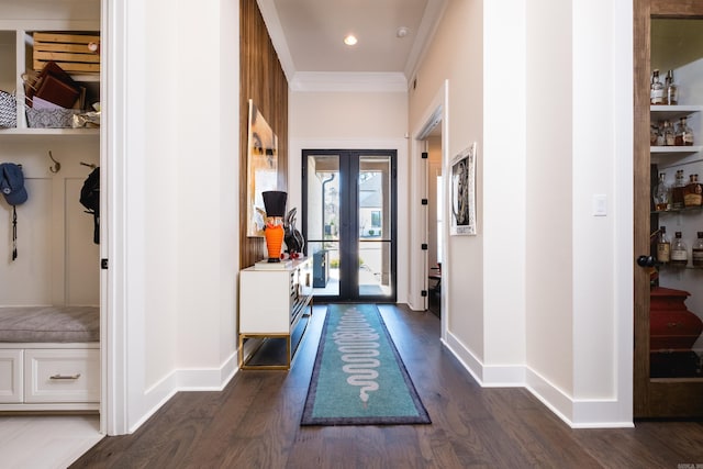 18 Ensbury Pl, Little Rock, AR 72223 - foyer featuring baseboards, crown molding, french doors, and dark wood-style flooring