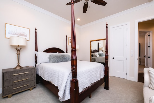 18 Ensbury Pl, Little Rock, AR 72223 - bedroom with a closet, crown molding, recessed lighting, a ceiling fan, and light colored carpet