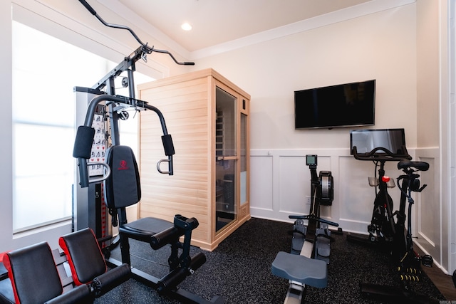 18 Ensbury Pl, Little Rock, AR 72223 - exercise room featuring a decorative wall, crown molding, and wainscoting