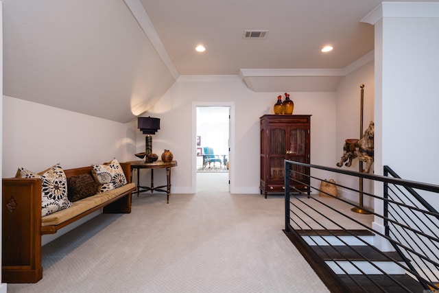 18 Ensbury Pl, Little Rock, AR 72223 - living area with carpet flooring, an upstairs landing, visible vents, crown molding, and recessed lighting