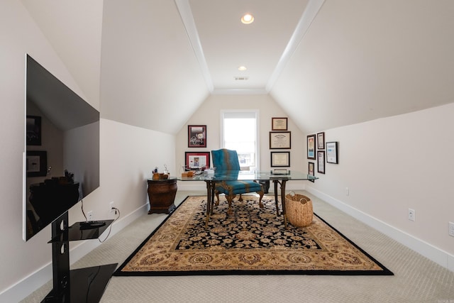 18 Ensbury Pl, Little Rock, AR 72223 - office area with baseboards, lofted ceiling, light colored carpet, and visible vents