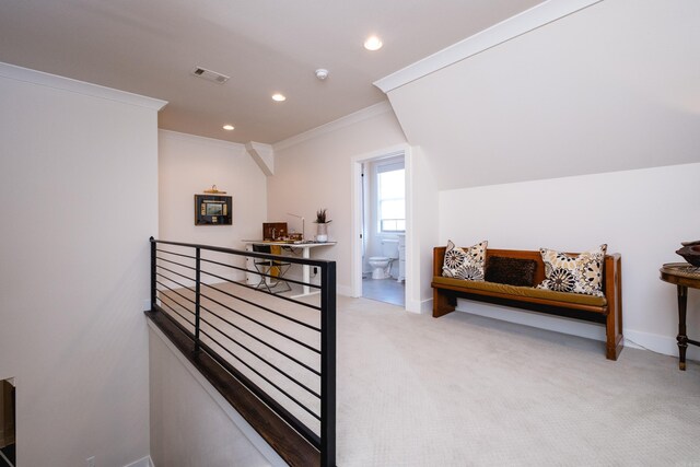 18 Ensbury Pl, Little Rock, AR 72223 - hallway with an upstairs landing, visible vents, carpet, ornamental molding, and recessed lighting