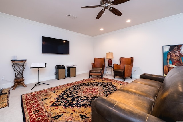 18 Ensbury Pl, Little Rock, AR 72223 - living area with carpet floors, ceiling fan, visible vents, and crown molding