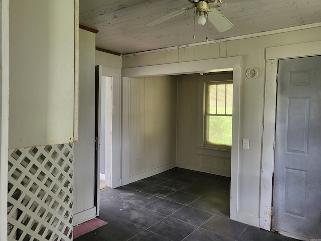 755 Ash St, Prescott, AR 71857 - empty room featuring wooden ceiling, wood walls, and a ceiling fan