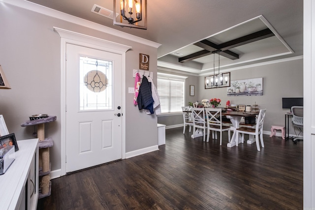 entrance foyer with dark wood-style flooring, visible vents, beamed ceiling, baseboards, and a notable chandelier
