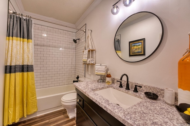 125 Carl Dr, Hot Springs, AR 71913 - bathroom with toilet, vanity, wood finished floors, ornamental molding, and shower / bath combination with curtain