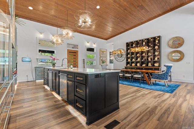 kitchen with wooden ceiling, a sink, an inviting chandelier, and dark cabinets