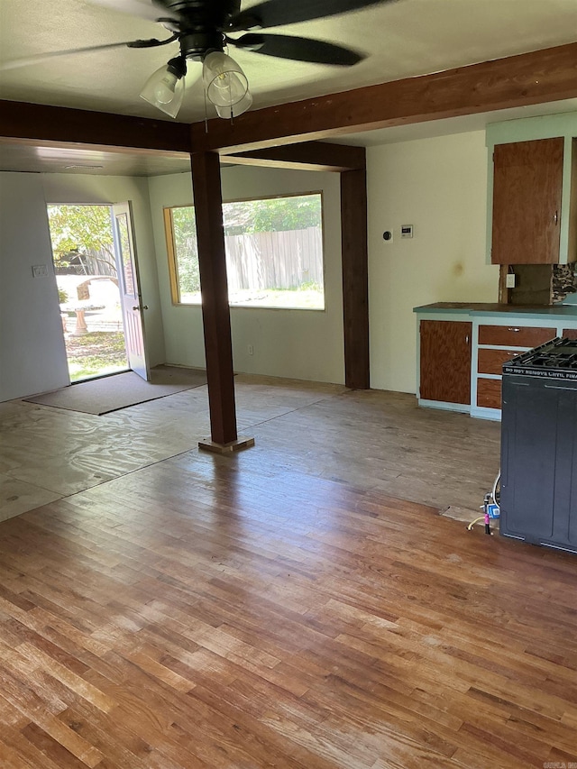 206 W High St, Sheridan, AR 72150 - kitchen with wood finished floors, a ceiling fan, and range with gas stovetop