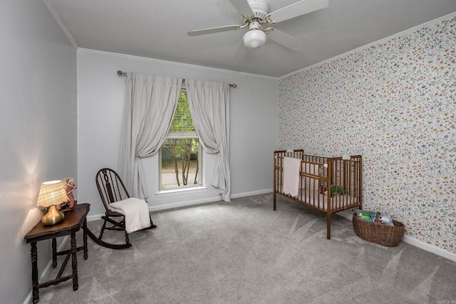 8224 Alvin Ct, Little Rock, AR 72227 - bedroom with ornamental molding, wallpapered walls, carpet, baseboards, and a nursery area