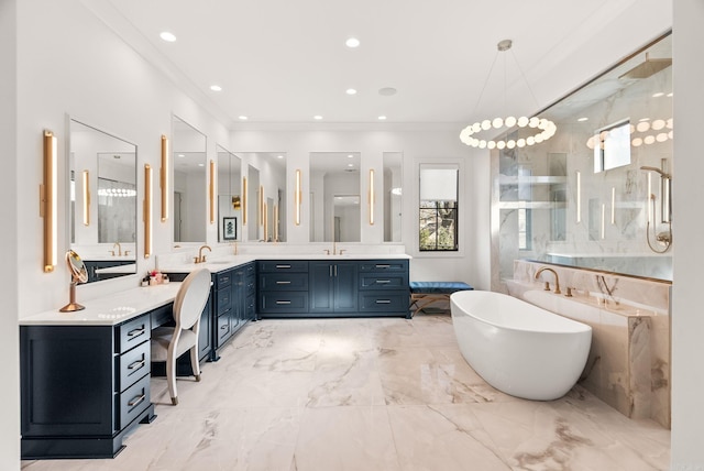 5204 Stonewall Rd, Little Rock, AR 72207 - full bath with crown molding, walk in shower, marble finish floor, recessed lighting, and a freestanding bath