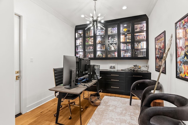 5204 Stonewall Rd, Little Rock, AR 72207 - office area with a chandelier, crown molding, baseboards, recessed lighting, and light wood-style floors