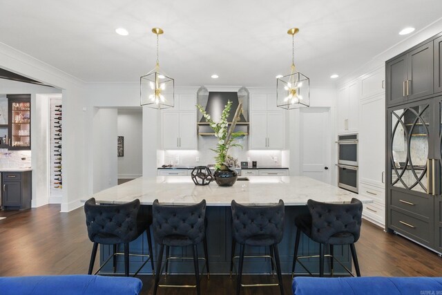 125 Hallen Ln, Little Rock, AR 72223 - kitchen featuring open shelves, double oven, dark wood finished floors, white cabinets, and decorative backsplash