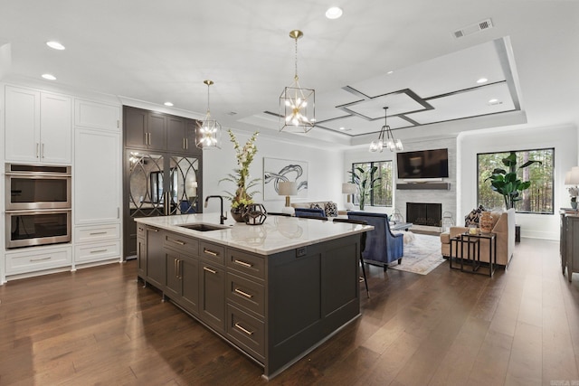 125 Hallen Ln, Little Rock, AR 72223 - kitchen featuring dark wood-style floors, a sink, double oven, and a raised ceiling