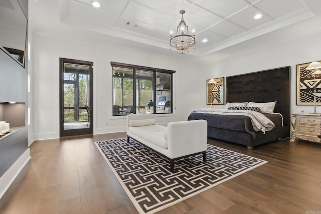125 Hallen Ln, Little Rock, AR 72223 - bedroom featuring crown molding, baseboards, wood finished floors, coffered ceiling, and a notable chandelier