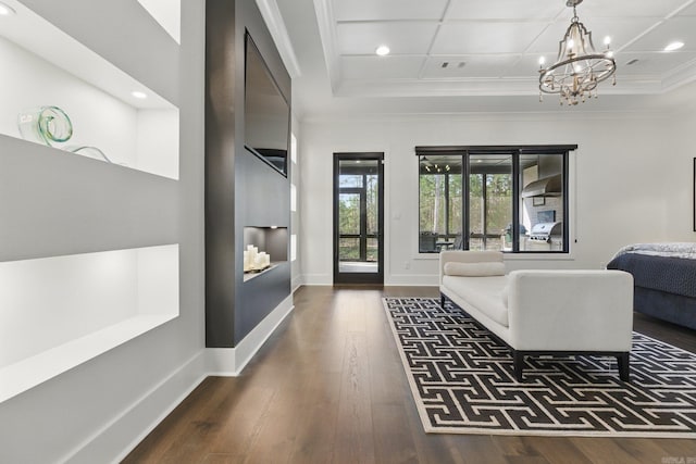 125 Hallen Ln, Little Rock, AR 72223 - entrance foyer featuring coffered ceiling, a notable chandelier, dark wood finished floors, baseboards, and ornamental molding