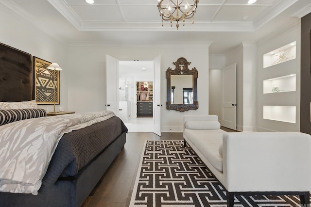 125 Hallen Ln, Little Rock, AR 72223 - bedroom featuring a chandelier, baseboards, ornamental molding, dark wood finished floors, and coffered ceiling
