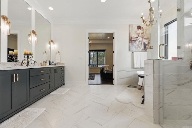 125 Hallen Ln, Little Rock, AR 72223 - ensuite bathroom with a chandelier, crown molding, marble finish floor, connected bathroom, and a marble finish shower