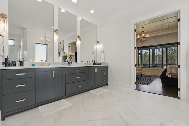 125 Hallen Ln, Little Rock, AR 72223 - full bath with ensuite bathroom, baseboards, crown molding, and a notable chandelier
