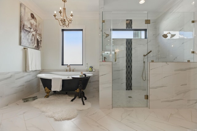 125 Hallen Ln, Little Rock, AR 72223 - full bathroom with a marble finish shower, crown molding, tile walls, a chandelier, and marble finish floor