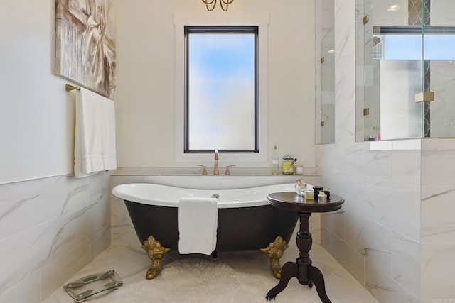 125 Hallen Ln, Little Rock, AR 72223 - full bath featuring a soaking tub, a wainscoted wall, tile walls, and an enclosed shower