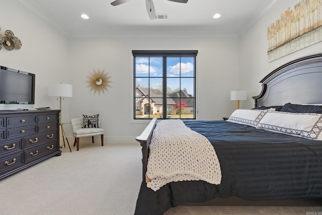 125 Hallen Ln, Little Rock, AR 72223 - carpeted bedroom with baseboards, ornamental molding, visible vents, and a ceiling fan