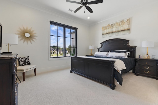 125 Hallen Ln, Little Rock, AR 72223 - bedroom with visible vents, baseboards, ornamental molding, a ceiling fan, and light carpet