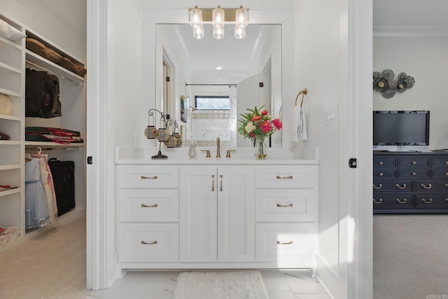 125 Hallen Ln, Little Rock, AR 72223 - full bathroom featuring crown molding, vanity, a chandelier, a spacious closet, and walk in shower