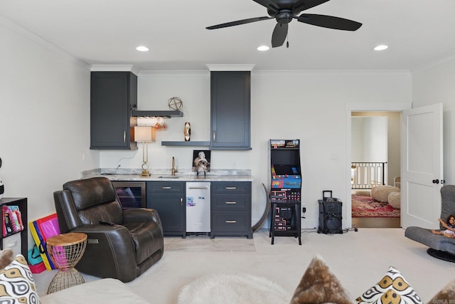 125 Hallen Ln, Little Rock, AR 72223 - living area featuring crown molding, recessed lighting, wet bar, wine cooler, and ceiling fan
