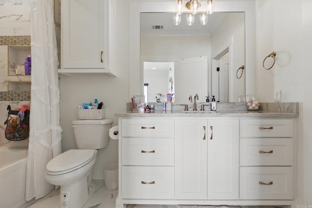 125 Hallen Ln, Little Rock, AR 72223 - full bath with toilet, vanity, marble finish floor, visible vents, and ornamental molding
