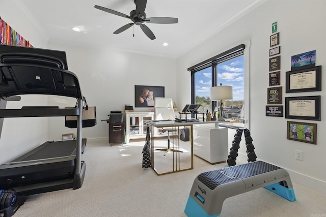 125 Hallen Ln, Little Rock, AR 72223 - exercise room with baseboards, carpet floors, ceiling fan, and crown molding