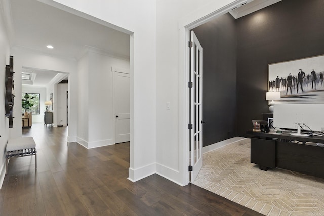 125 Hallen Ln, Little Rock, AR 72223 - hall with baseboards, ornamental molding, wood finished floors, recessed lighting, and french doors