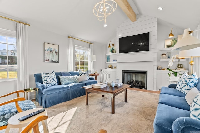 living room with vaulted ceiling with beams, a fireplace, recessed lighting, and a chandelier