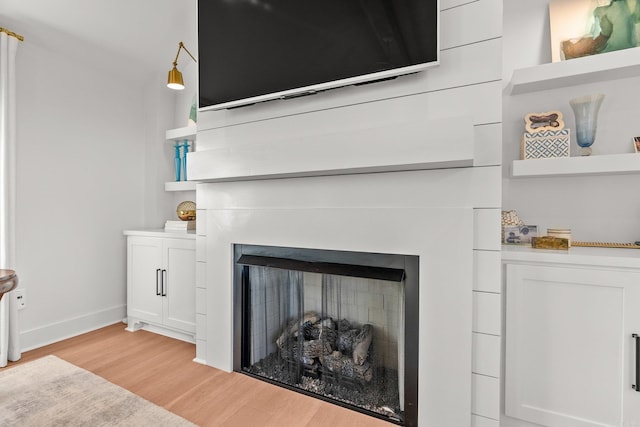 room details with baseboards, a fireplace, and wood finished floors