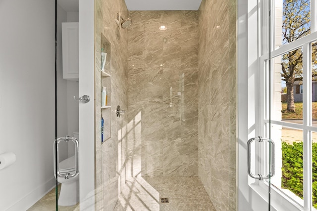 bathroom featuring a stall shower and toilet