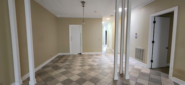 unfurnished dining area with crown molding, baseboards, and visible vents