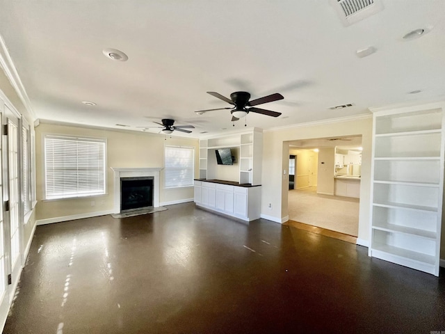 1308 Rehoboth, Searcy, AR 72143 - unfurnished living room featuring baseboards, built in features, ornamental molding, a fireplace with flush hearth, and ceiling fan