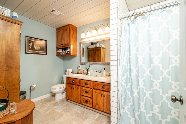 full bath featuring a shower with shower curtain, toilet, wooden ceiling, visible vents, and double vanity
