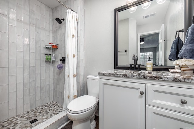 bathroom with a shower stall, visible vents, toilet, and vanity