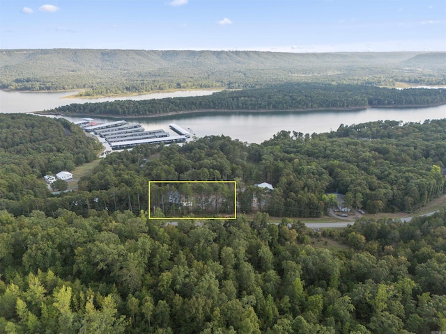 aerial view with a water view and a wooded view